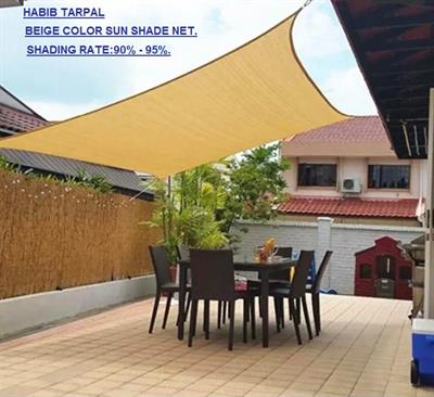 Beige color Sun shade net ,high quality, with hooks on every 3 feet distance on sides and double stitched edge to edge borders with cotton nawar.