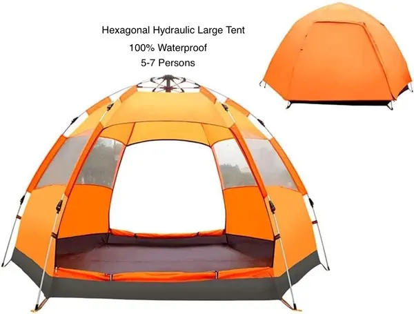 Automatic Open Tent, Hexagonal Hydraulic Large Tent for 6-7 People, Rainproof and Sun Protection, Family Camping Tent for Outdoor Camping, Orange Beautiful Landscape