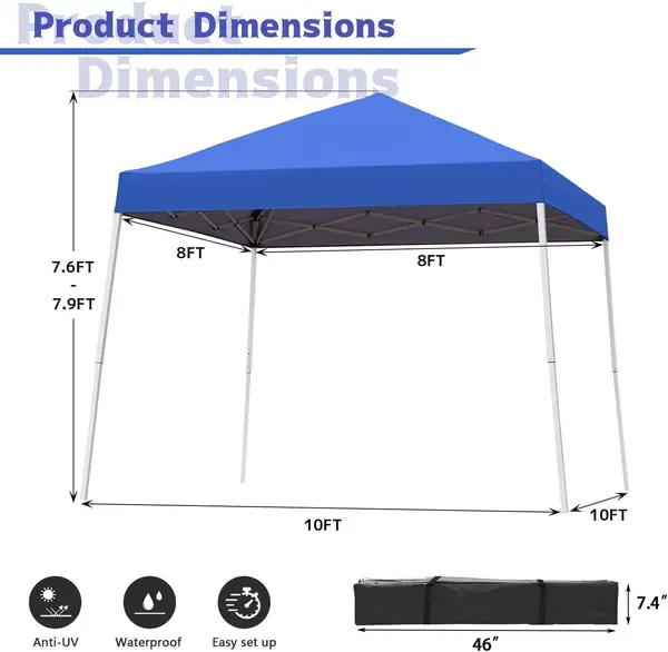 Pop-Up Tent with Canopy, 10x10ft Tent, Instant Outdoor Tent with Slanted Legs and Carrying Bag, Portable Gazebo Shelter for Patio, Deck, Garden and Beach