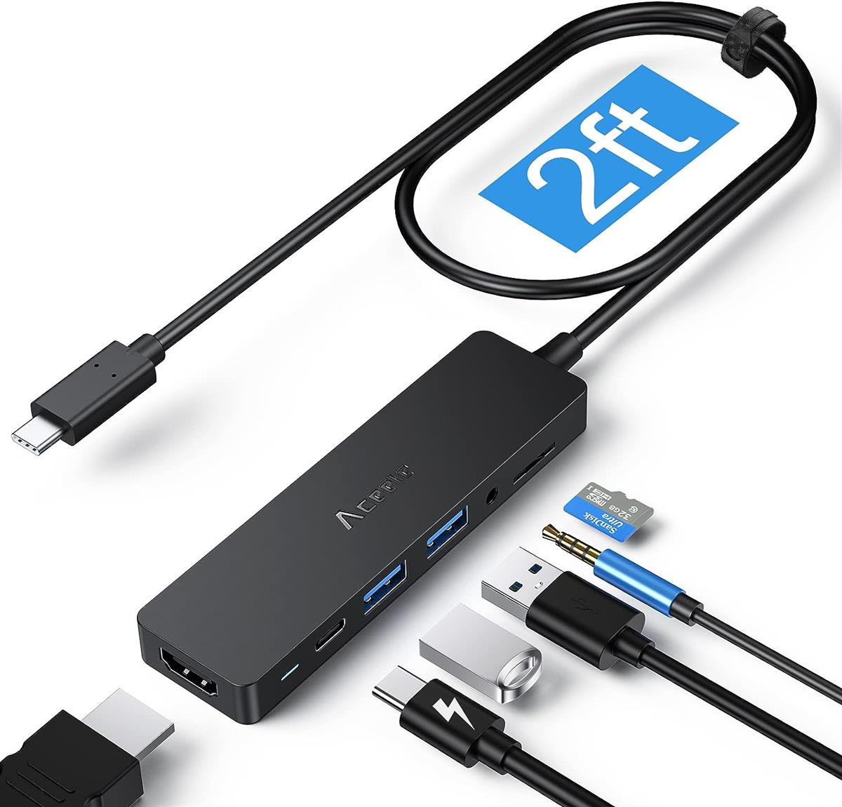 6-in-1 USB C Hub Adapter - 4K HDMI, 3 USB 3.0 Ports, SD/TF Card Reader For Laptop Docking Station