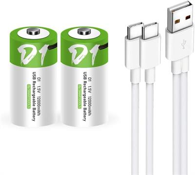 USB Rechargeable D Size Lithium ion Battery High Capacity 1.5V 12000mWh(8000mAh) 4 H Fast Charge 1200 Cycles with Type C Cable - 2 Pack