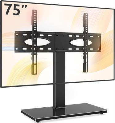 Rfiver Universal Swivel Table Top TV Stand for 37 to 65,70,75 inch TVs, Height Adjustable Tall TV Stand Base with Mount, Heavy Duty TV Replacement Stand with Tempered Glass Base Up to110lbs