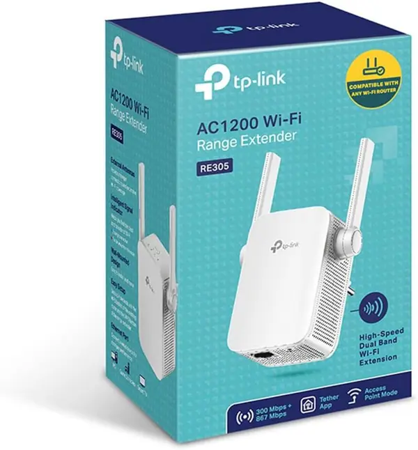 TP-Link RE305 AC1200 Universal Dual Band Range Extender, Broadband/Wi-Fi Extender, Wi-Fi Booster/Hotspot with 1 Ethernet Port and 2 External Antennas, Built-in Access Point Mode