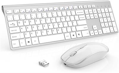 JOYACCESS Rechargeable Wireless Keyboard Mouse Combo with 500mAh Batteries,Silent Ergonomic Mouse for PC/Laptop/ White Silver