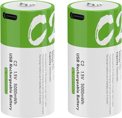 CBJJ C Batteries, 1.5V Rechargeable C Size Batteries, 5000mWh C2 Rechargeable Battery, USB Type C Rechargeable Lithium ion C Cell Batteries, 1 Pack