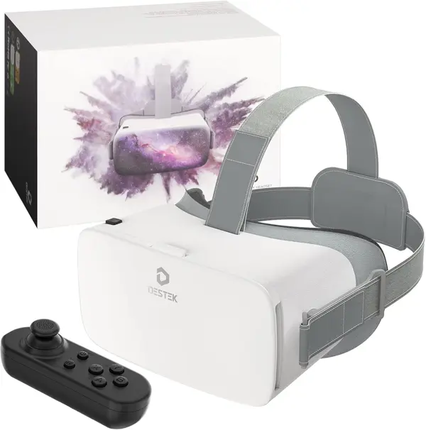 DESTEK V5 VR Headset for Phone with Controller, Anti-Blue Eyes Protected HD Lenses, 110° FOV Virtual Reality Headsets VR Goggles for iPhone 17/16/15/14/13/12/11, Samsung, Android - White