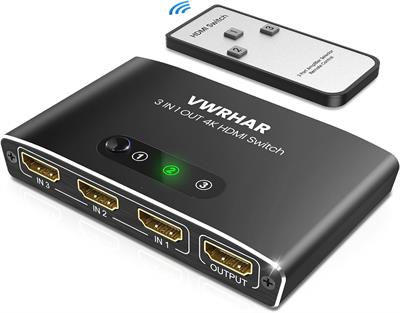 VWRHAR HDMI Switch 3 in 1 Out 4K UHD HDMI Switcher Splitter, Automatic Switch with Remote Metal HDMI Switch Box Hub Support 4K 3D 1080P HDCP1.4 for PS5 PS4 Xbox DVD Player Fire Stick Apple TV PC