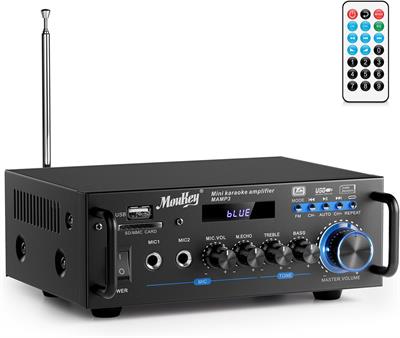 Moukey 2.0 Channel Stereo Bluetooth 5.0 Karaoke Amplifier, 300W Audio Stereo Receiver with RCA, USB, SD, 2 Mic Inputs, FM Radio, MAMP3