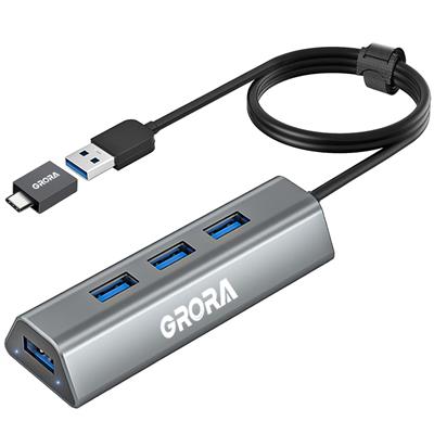 RORA USB hub, Aluminum Alloy Data USB 3.0 hub 4-Port with 2.5 ft Extension Cable and USB Adapter