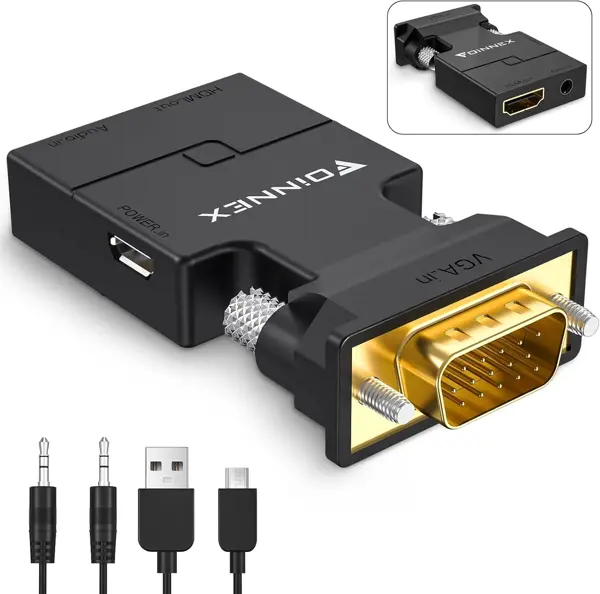 FOINNEX VGA to HDMI Adapter with Audio, Uni-Direction VGA (Source) to HDMI (TV/Monitor), Active VG A in HDM I Convertor Male to Female 1080P Video Dongle for Laptop,Computer,Projector
