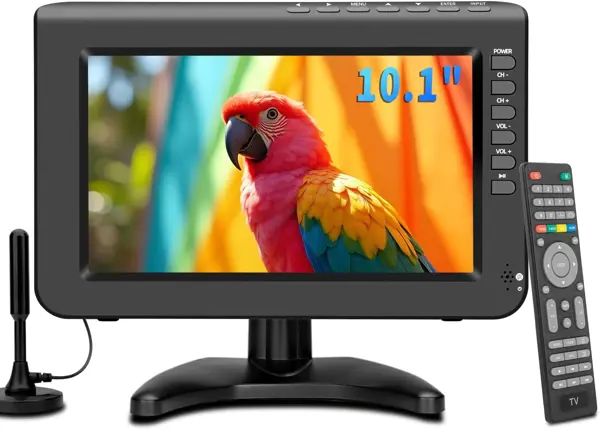 Portable TV, 10.1 inch 720P IPS Mini TV with T2 Digital Tuner and Rechargeable Battery and HDMI, USB, Input and AC/DC-12V Calbe Car, Suitable for Kitchen, Car and Outdoor