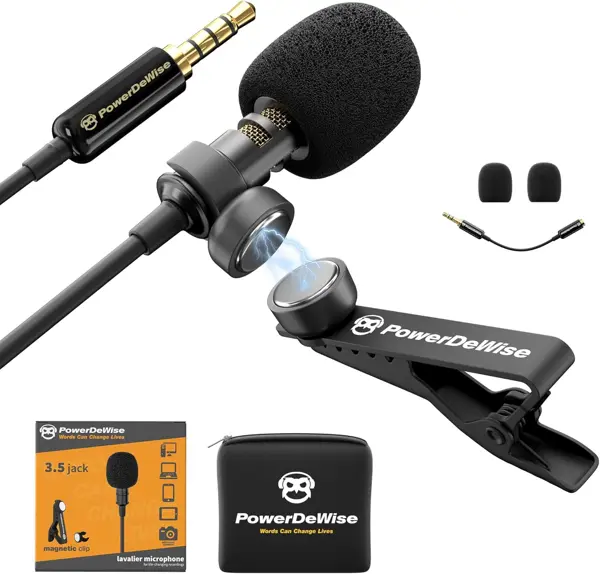 PowerDeWise Professional Grade Lavalier Clip On Microphone - Lav Mic for Camera Phone iPhone GoPro Video Recording ASMR - Small Noise Cancelling 3.5mm Tiny Shirt Microphone with Easy Clip On System With Lightning to 3.5mm Adaptor