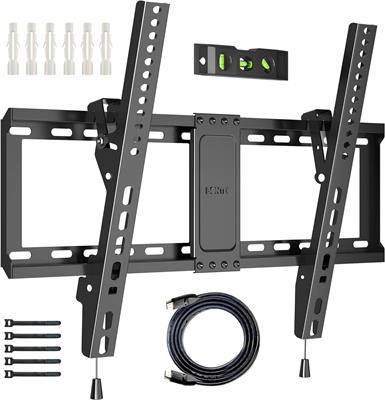 BONTEC TV Wall Bracket for Most 37-82 Inch LED LCD Plasma Flat Curved TVs, Tilt TV Wall Mount with Max. VESA 600x400mm, Up to 60kg, Bubble Level, 1.8m HDMI Cable