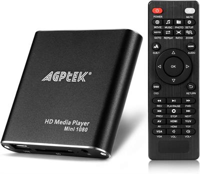 AGPTEK Mini Full HD 1080P Digital Media Player with Remote Control for MP3, WMA, OGG, AAC, FLAC, APE, AC3, DTS, ATRA Supports HDMI CVBS & YPbPr Video Output