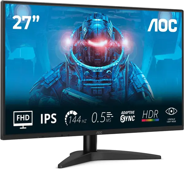 AOC 27B36X, 27 Inch FHD Gaming Monitor, 144 Hz, IPS, 0.5 ms MPRT, Adaptive Sync, HDR10 (1920 x 1080, HDMI 1.4, DisplayPort 1.4), Black