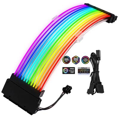 Pccooler Power Supply Sleeved Cable, Customization 24 Pin Atx Rgb Cable Extension Kit 16Awg, 5V 3Pin Synchronized Psu Cable For Rgb Software From All Major Motherboard Cable Management