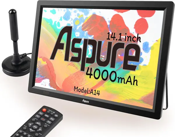 LEADSTAR 14 Inch Portable Digital ATSC TFT HD Screen Freeview LED TV for Car, Caravan, Camping, Outdoor or Kitchen. Built-in Battery Television/Monitor with Multimedia Player Support USB Card