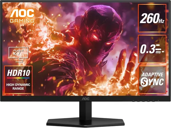AOC Q27G40ZE, 27'' Gaming Monitor, 2560×1440 Quad HD Resolution, Fast IPS Panel, 260Hz refresh rate (260Hz OC), 0.3MS MPRT, HDR10, HDMI 2.0x2, Display Port 1.4, Adaptive Sync, Tilt, Black & Red.