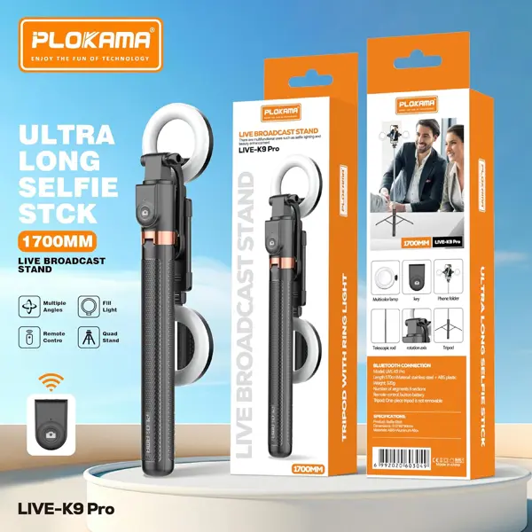 PLOKAMA Live-K9 PRO Tripod Stand, 170cm Height, Bluetooth Remote, LED Fill Light, Compatible with iPhone and Android Smartphones, Black
