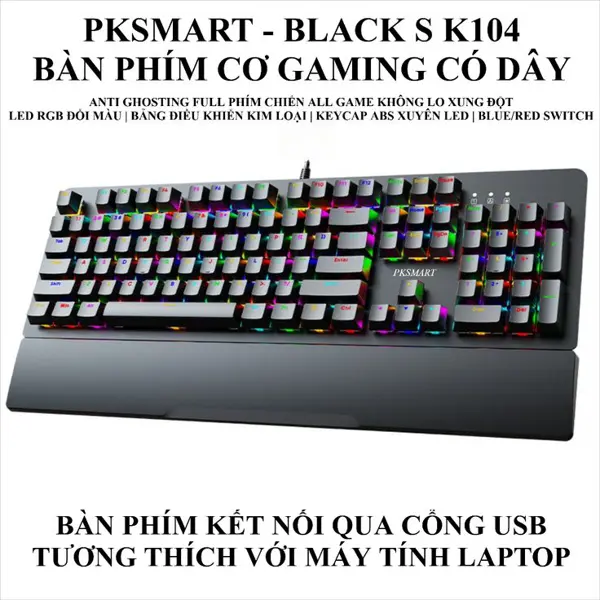 PKSMART K104 Pro RGB Black Mechanical Gaming Keyboard Full-Size Anti-Ghosting Wired Keyboard for PC - Image 1 PKSMART K104 Pro RGB Black Mechanical Gaming Keyboard Full-Size Anti-Ghosting Wired Keyboard for PC