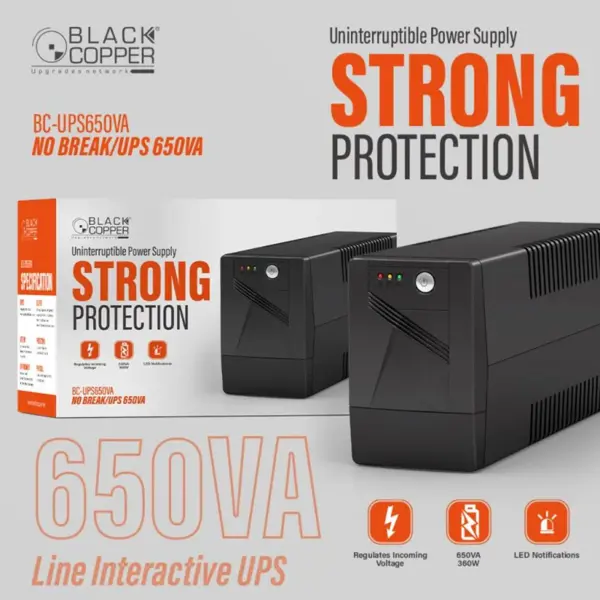 Black Copper BC-UPS650VA 650VA/360W | Line Interactive UPS, AVR, Simulated Sine Wave, USB/RS232