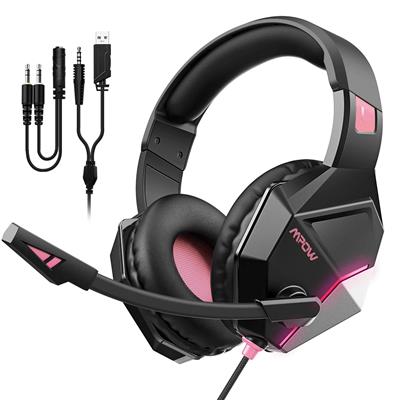 Mpow EG10 Gaming Headset for PS4,PS5,PC,Xbox One, Switch -7.1 Surround Sound Headset with Microphone, Noise Cancelling, LED Light, Soft Earmuffs, Gaming Headphone with Mic for PC Headset – Pink and Black