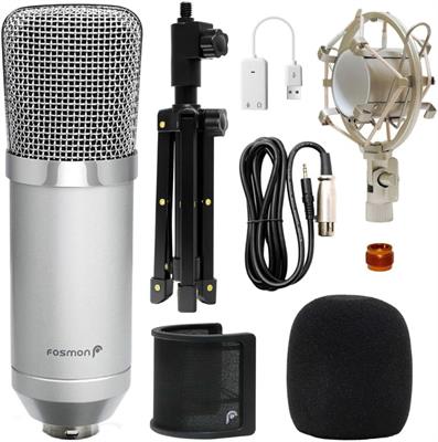 Fosmon BM-700 Silver Body & Grill Condenser Microphone, XLR, USB, Auxiliary, 360 Degree Recording, Shock Mount, Pop Filter