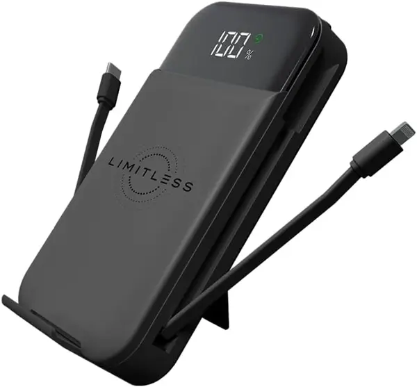 Limitless Innovations Ultimate Pro 15,000mAh Portable Power Bank PD 20W with Built-in Cables, Wireless Charging, Flashlight, Wall Plug, & Digital Display, for iPhone, Samsung, & More (Black Metallic)