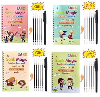 Magic Copy Book -Repeatedly Usable Magic Practice Copybook Set of 4 Books With 10 Refill-FREE DELIVERY 