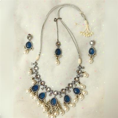 Royal Blue Pearl Drop Necklace Set