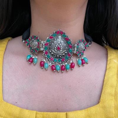 Oxidised pink-turquoise choker (EN003)