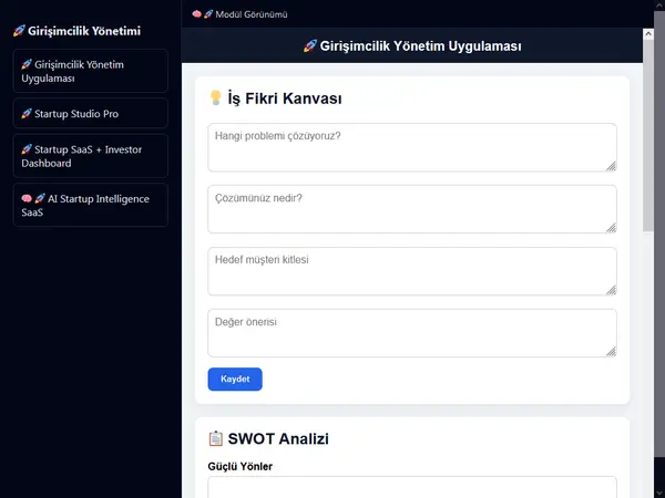 Girişimcilik Yönetim Kontrol Paneli