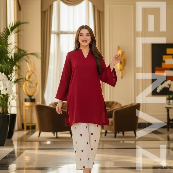 2-Piece Ready-to-Wear Women Outfit – Maroon Plain Kurti with Embroidered Trouser | ELNAZ by Needle Crafts Pakistan