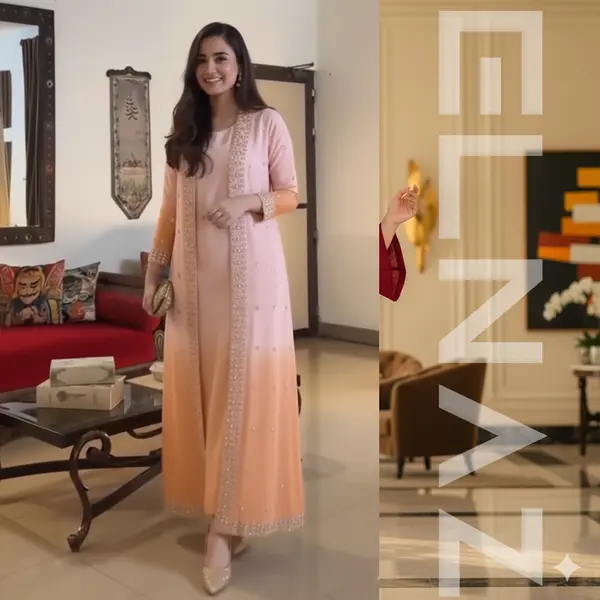 2-Piece Ready-to-Wear Women Outfit – Ombre Peach Embellished Long Shirt with Trouser | By ELNAZ