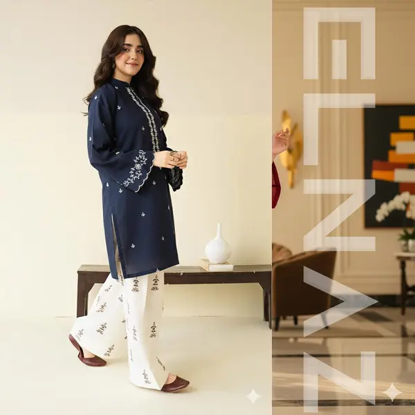 2-Piece Ready-to-Wear Women Outfit – Blue Embroiderd Kurti with Embroidered Trouser | ELNAZ by Needle Crafts Pakistan