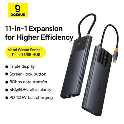 Baseus Metal Gleam Series II 11-in-1 USB HUB Cosmic Black（USB-C to 1*HDMI4K@60Hz+1*HDMI4K@60Hz+1*DP4K@60Hz+2*USB-A(5Gbps)+2*USB-A(480Mbps)+1*RJ45+1*SD/TF+1*USB-C(PD) ）B00061801123-00