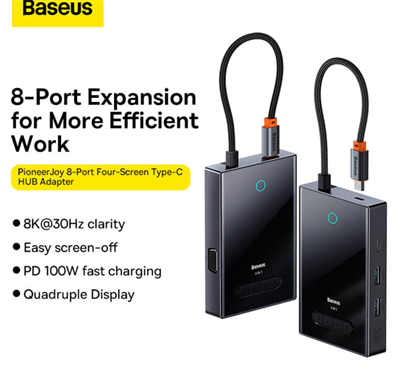 Baseus FOCUS SERIES 8-Port Four-Screen Type-C HUB Adapter Gray（Type-C to HDMI4K@60Hz*1+HDMI4K@30Hz*1+DP8K@30Hz*1+VGA+USB3.0*2+Type-C（Data+PDout）*1+PD*1）WKYY030413