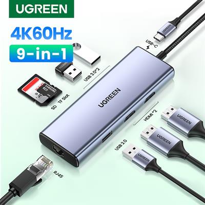 Ugreen USB-C 9-in-1 3*USB, 2*HDMI+RJ45,SD.TF+PD Hub 90119