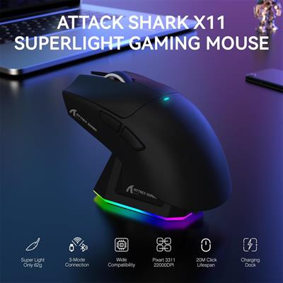 Attack Shark X11 RGB Wireless Gaming Mouse with Charging Dock - Black