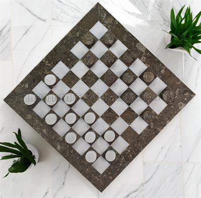 Fossil Oceanic Marble & Jet Black Draughts Checker Set – Premium Stone Game Board