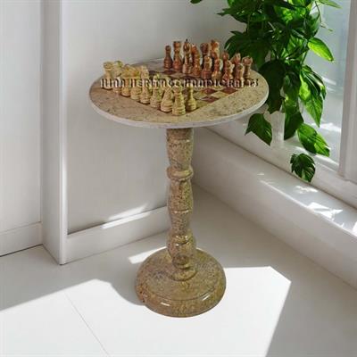 Coral & Red Onyx Natural Stone Chess Table With Classic Series Chess Pieces