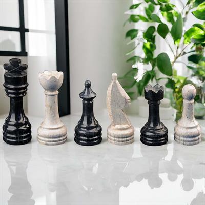 Jet Black & Botticino Marble Natural Stone Rustic Chess Pieces - Handcrafted Elegance for Classic Game Lovers