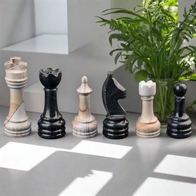 Handcrafted Burma Teak & Jet Black Marble Chess Set - Natural Stone Rustic Series Luxury Chess Pieces