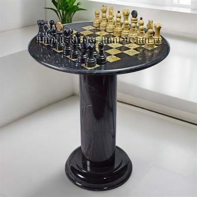 Jet Black & Coral Marble Natural Stone Chess Table With Classic Series Chess Pieces 