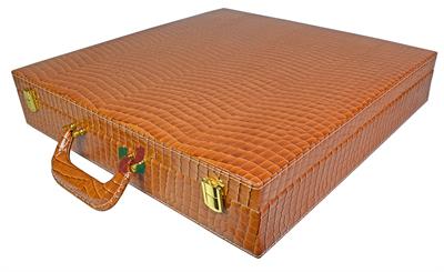 Tangerine Croco PU Leather Chess Set Storage Box with Carrying Handle – Stylish and Durable Chess Piece Organizer for Travel and Home