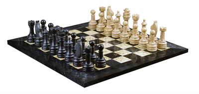 Jet Black & Coral Marble Natural Stone Chess Set With Rustic Series Chess Pieces 