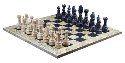 Coral & Jet Black Marble Natural Stone Chess Set With Rustic Series Chess Pieces 