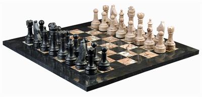 Marina  & Jet Black Marble Natural Stone Chess Set With Rustic Series Chess Pieces 