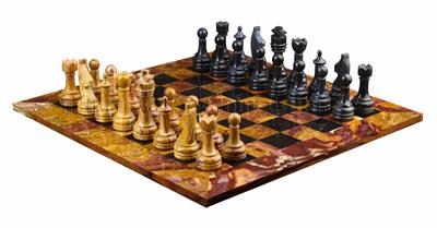 Red Onyx & Jet Black Natural Stone Chess Set With Rustic Series Chess Pieces 