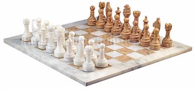  White & Coral Marble Natural Stone Chess Set With Rustic Series Chess Pieces 